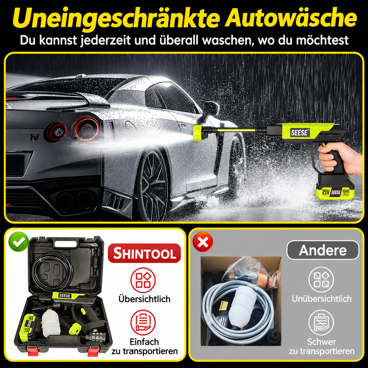 SEESE PowerJet — Kabelloser Hochdruckreiniger